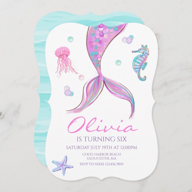 Mermaid Tail Sob Convite De Aniversário Do Mar (Frente/Verso)