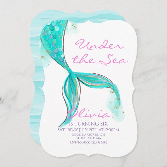 Mermaid Tail Sob Convite De Aniversário Do Mar (Frente/Verso)