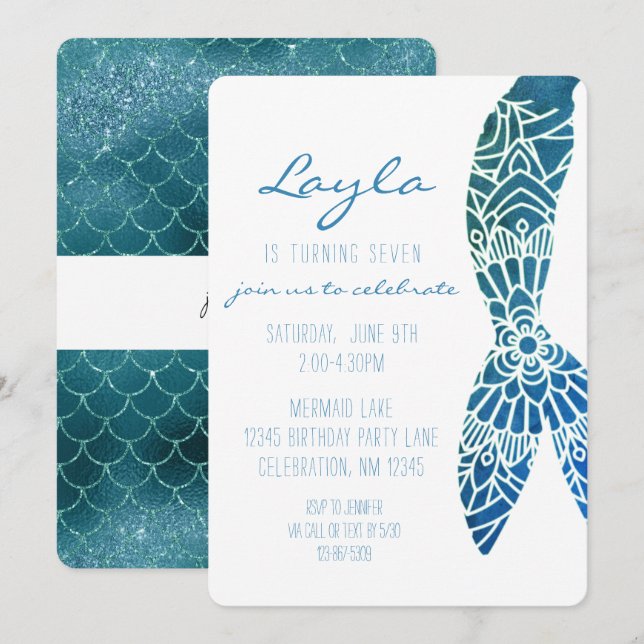 Mermaid Tail Sob Convite De Aniversário Para Garot (Frente/Verso)
