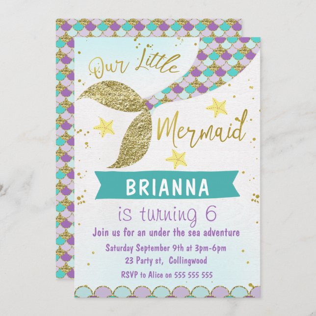 Mermaid Tail Sob O Convite De Aniversário Do Mar (Frente/Verso)