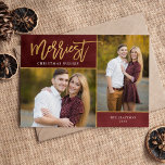 Merriest Faux Foil 2 Photo Magnetic Christmas Card<br><div class="desc">cartões com fotos magnéticos impressos por barato com modelos simples para personalização. Este elegante design neutro apresenta uma falso borda de folha de ouro em torno de um layout de colagem de duas fotos. O texto moderno do roteiro de caligrafia diz o melhor desejo de Natal. Personalize-o com suas fotos,...</div>