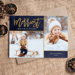 Merriest Faux Foil 2 Photo Magnetic Christmas Card<br><div class="desc">cartões com fotos magnéticos impressos por barato com modelos simples para personalização. Este elegante design neutro apresenta uma falso borda de folha de ouro em torno de um layout de colagem de duas fotos. O texto moderno do roteiro de caligrafia diz o melhor desejo de Natal. Personalize-o com suas fotos,...</div>