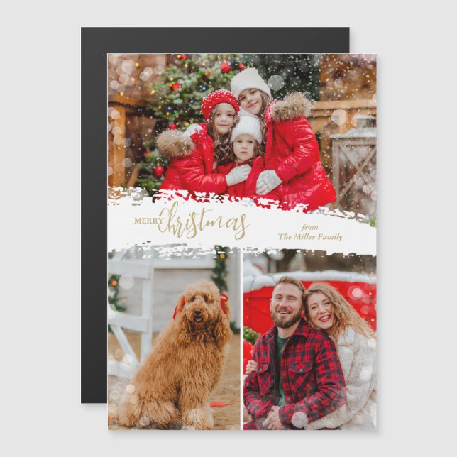 Merry Christmas 3 Photo Collage Magnetic Card (Frente/Verso)