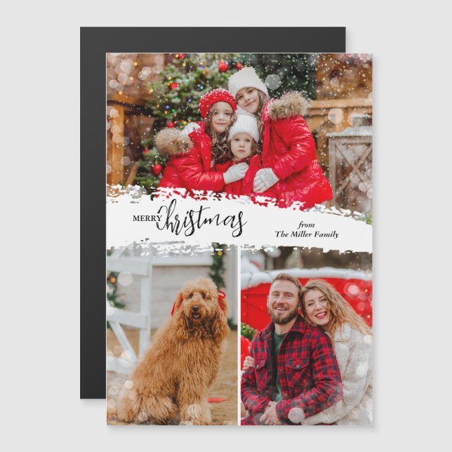 Merry Christmas 3 Photo Magnetic Holiday Card (Frente/Verso)