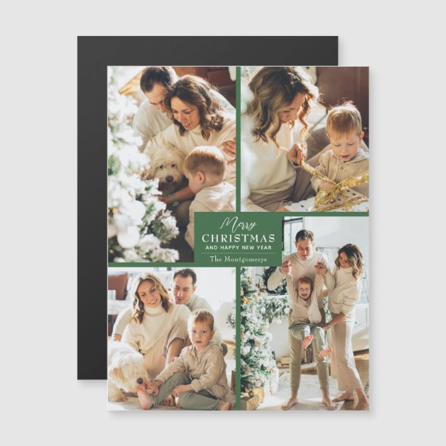 Merry Christmas 4 Photo Collage Magnetic Card (Frente/Verso)