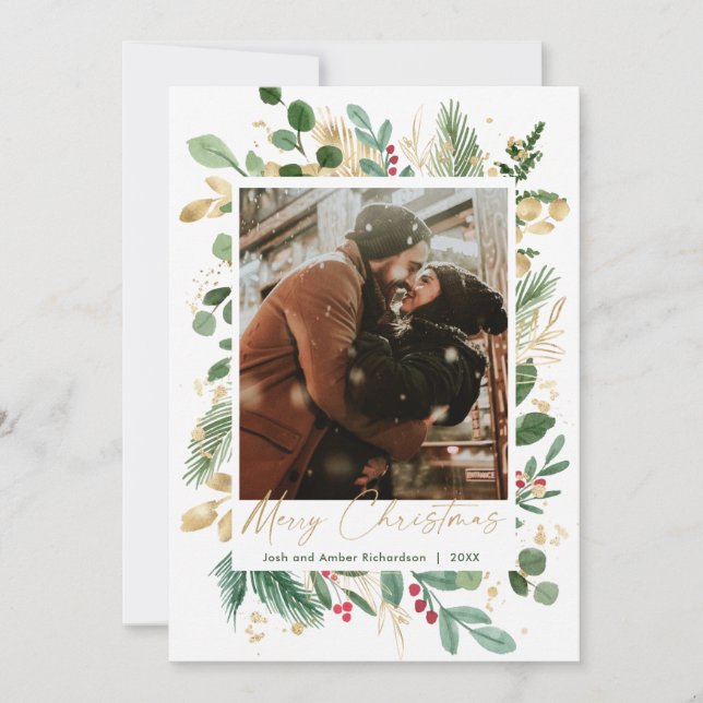 Merry Christmas aquarela verde-dourado vermelho ho (Frente)