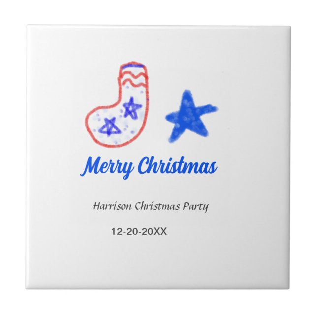 Merry Christmas blue star red stockings name date  (Frente)