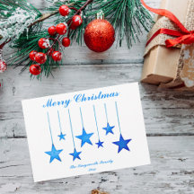 Merry Christmas blue stars with text flat card