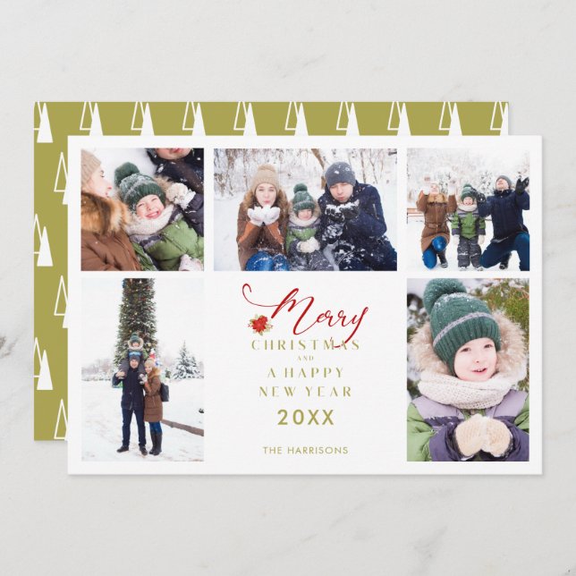 Merry Christmas Chic Trendy Collage 5 Photos (Frente/Verso)