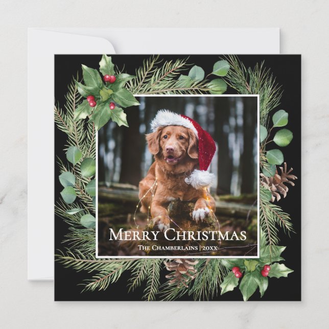 Merry Christmas Pet Photo Wreath Square Card (Frente)