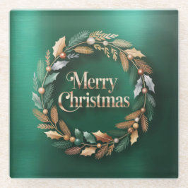Merry Christmas Wreath Square Glass Coaster