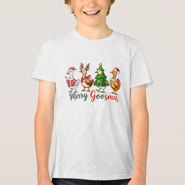 Merry Goosmas Christmas Funny Goose Tri-Blend Shir (Frente)