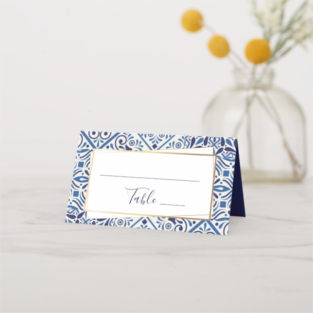 Mesa Azulejos azuis elegantes e cartão de lugar dourado (Frente)