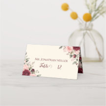 Burgundy & Blush Floral Rose Cartão de Lugares Dob