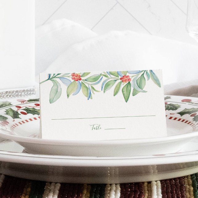 Mesa Cartão de Casamento, Cartão de Escolta, Natal (Christmas place cards botanical greenery with red berries watercolor holiday scenery)