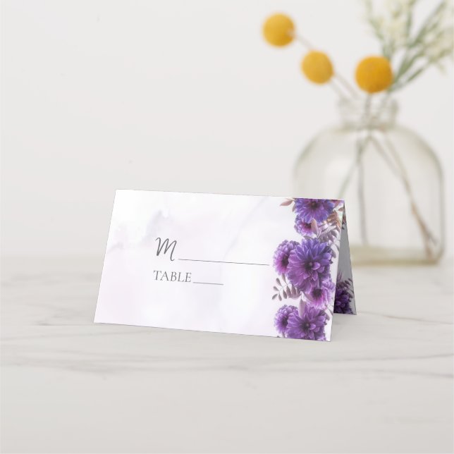 Mesa Cartão de Local de Casamento com Crisântemo Roxo e (Frente)