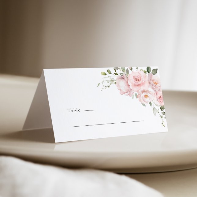 Mesa Cartão de Local de Casamento Floral Rosa Boho Blus (Blush pink rose floral tent wedding place card with soft watercolor flowers and minimalist layout)