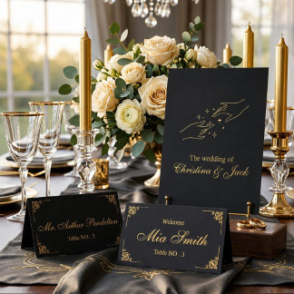 Mesa Cartão de Local de Casamento Preto e Dourado Elega