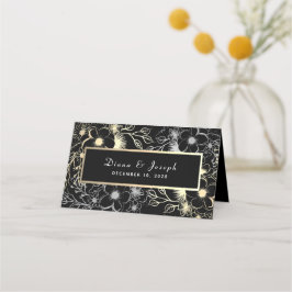 Mesa Cartão de Local de Casamento Preto Elegante a Ouro