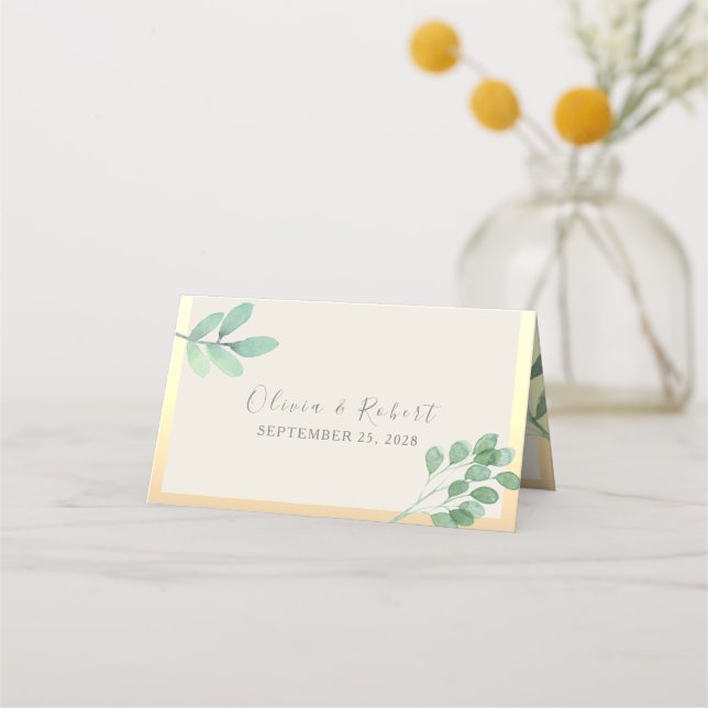 Mesa Cartão de Local de Casamento Verde Dourado (Verso)