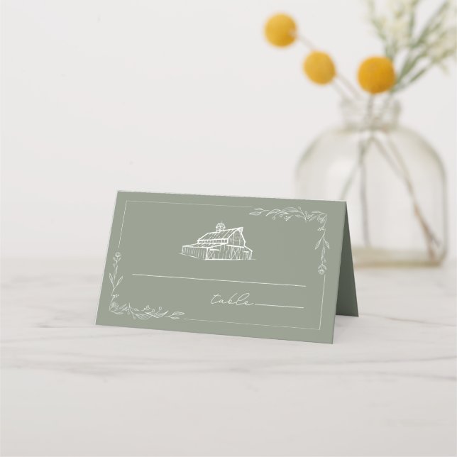 Mesa Cartão de Local Verde para Casamento Rustic Barn S (Frente)