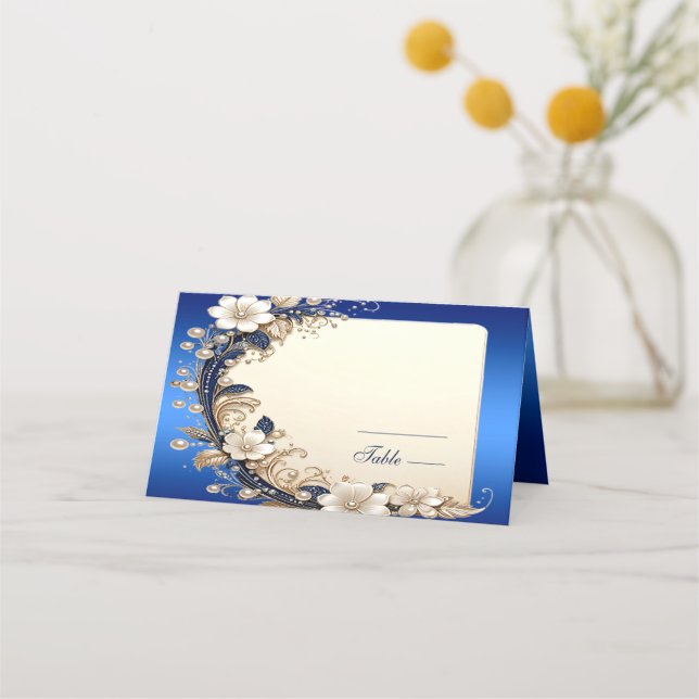 Mesa Cartão de lugar com enfeite floral branco azul (Frente)