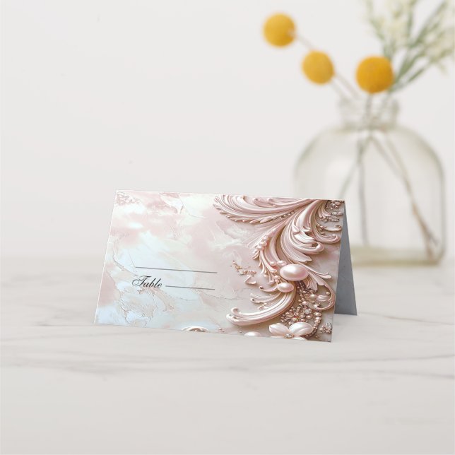 Mesa Cartão de lugar com pérola ornamentada rosa e flor (Frente)