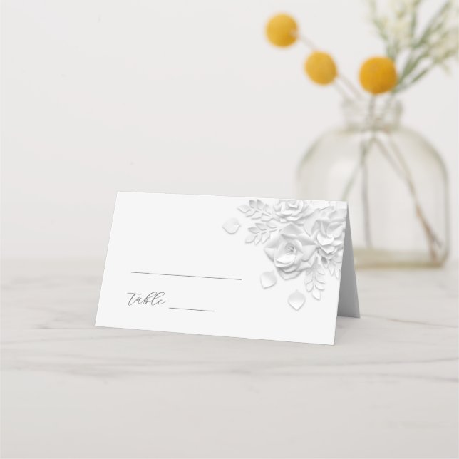 Mesa Cartão de lugar de casamento com flores 3D brancas (Frente)
