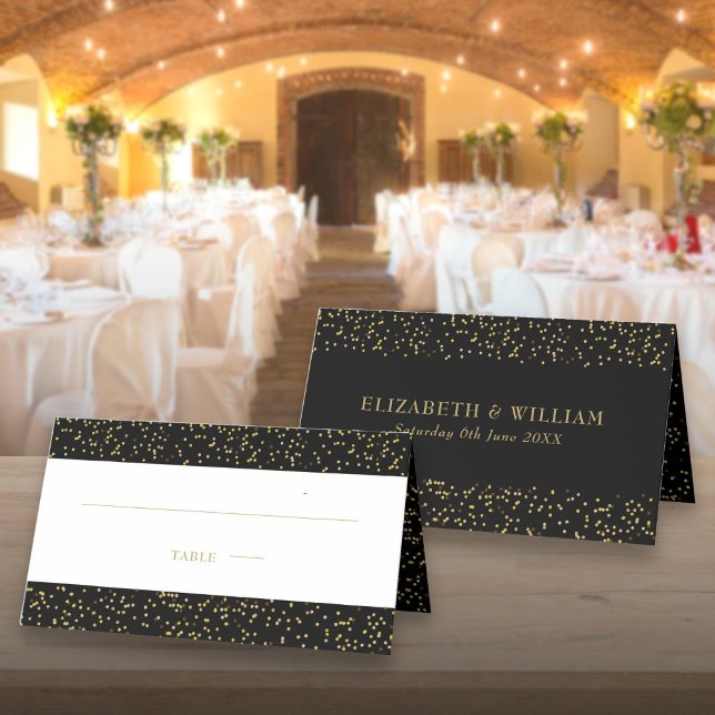 Mesa Cartão de lugar de casamento com pó de ouro preto  (Modern Black Gold Dust Confetti Wedding Place Card)