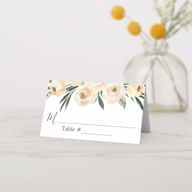 Mesa Cartão de lugar de casamento Floral Bege Branco (Frente)