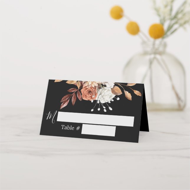 Mesa Cartão de lugar de casamento preto com buquê flora (Frente)