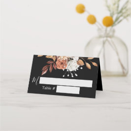 Mesa Cartão de lugar de casamento preto com buquê flora