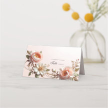 Cartão de lugar de flores cor-de-rosa e brancas de