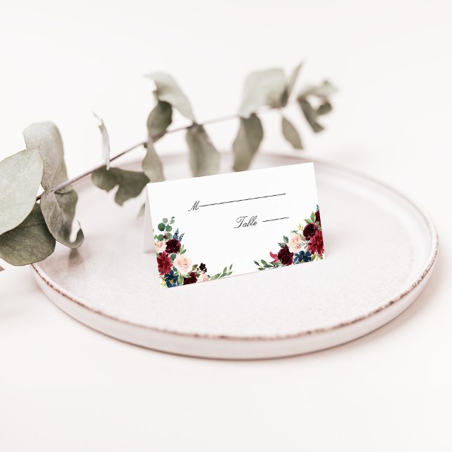 Mesa Cartão Floral de Casamento de Burgundy Marsala (Burgundy Marsala Navy Blush Floral Wedding Place Card)