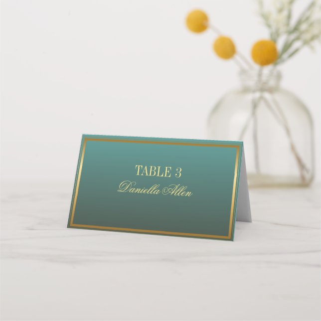 Mesa Clássico Teal e Cartão de Local Elegante Dourado (Frente)