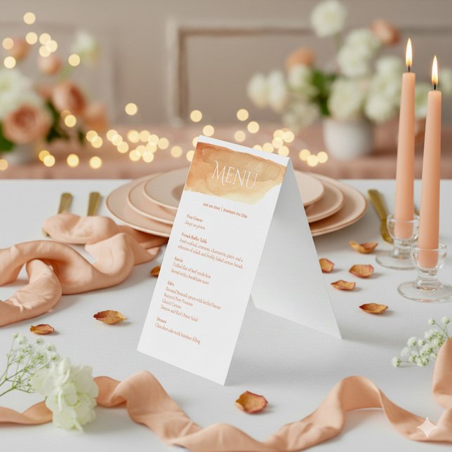 Mesa do menu de casamento elegante (Peach watercolor paint wedding menu.)