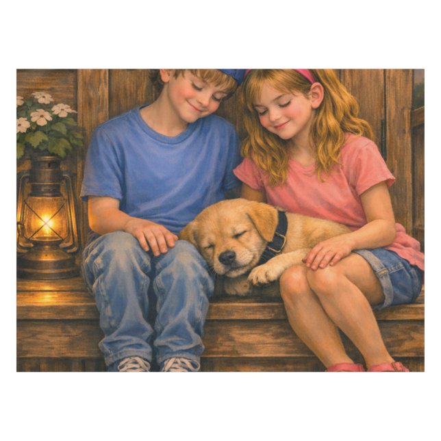Mesa Duas Crianças com Cachorrinho Dormindo Toalha de M (Frente (Horizontal))