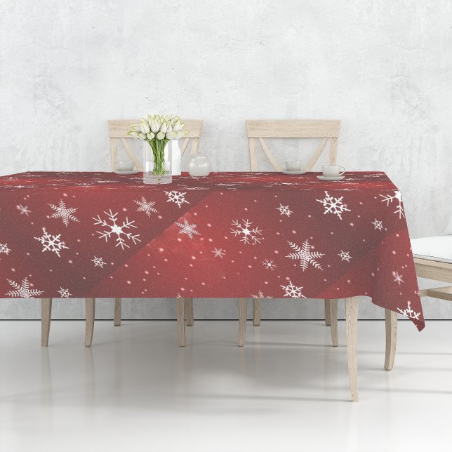 Mesa Flocos de neve brancos com toalha de fundo vermelh (White Snowflakes with Red Background Tablecloth)