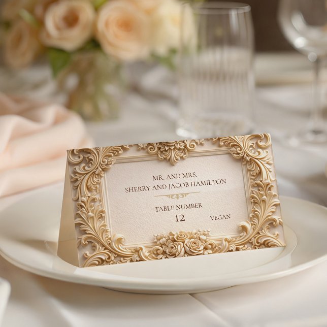 Mesa Moldura de Monograma Barroco Dourado Cartão de Lug (Gold Baroque Monogram Frame Ivory Place Card)