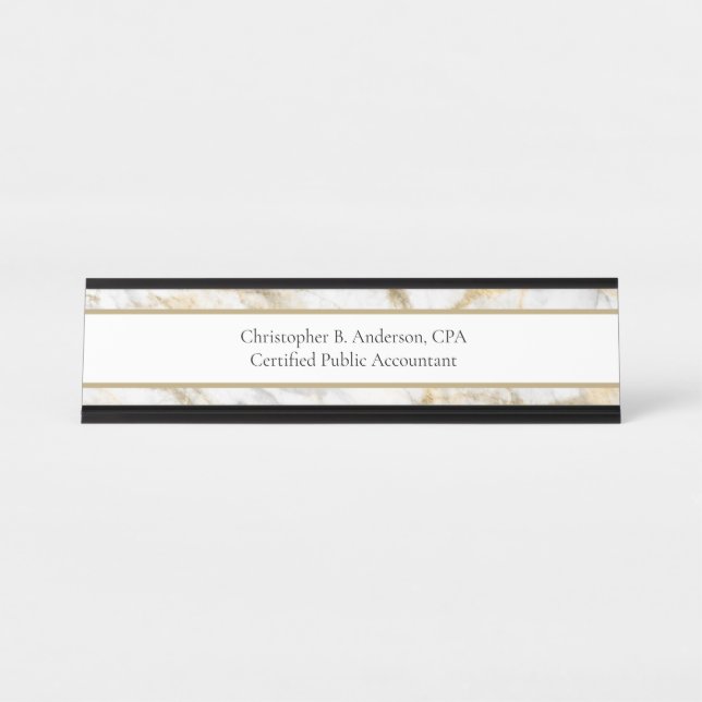 Mesa Placa de Nome de Mármore Branco Cinza Dourado Prof (Frente)