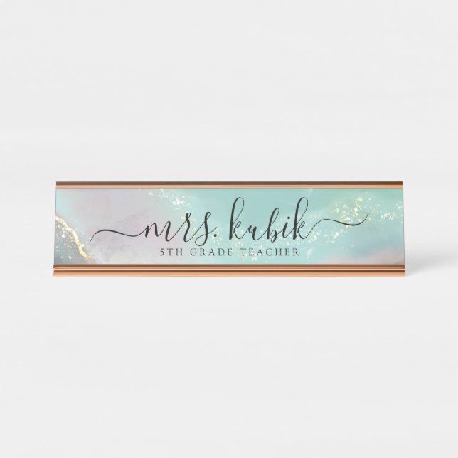 Mesa Placa de Nome Personalizado do Marble Teal e Doura (Frente)
