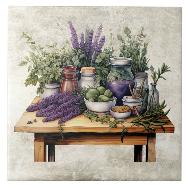 Mesa Rústica com Aquarelas de Ervas (Frente)