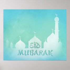 Mesquita de Eid Mubarak Blue Watercolor - Poster I