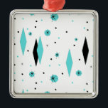 Metal Diamantes retros de turquesa & ornamento de<br><div class="desc">Os diamantes retros desta turquesa e os enfeites de natal de Starbursts são uma tomada nova em um estilo do vintage. Caracteriza starbursts kitschy, pretos em bolinhas de turquesa, cercar formas geométricas, de turquesa e de carvão. Personalize a cor do fundo neste produto moderno do meio século se você está...</div>