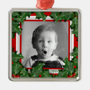 Metal Holly de Natal, Foto, Ornamento de Fita Vermelha
