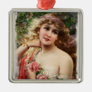 Metal Mulher Vitoriana com Ornamento de Rosas Rosa