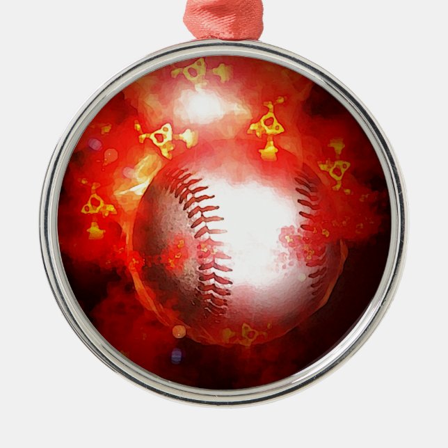 Metal Ornamento de Árvore de Natal Red Flaming Baseball (Frente)