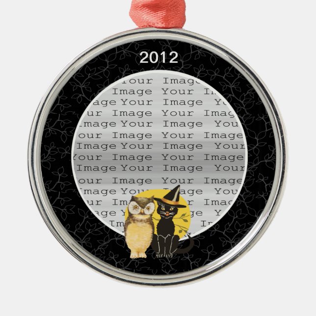 Metal Ornamento de Casamento de Halloween de Cat & Owl (Frente)