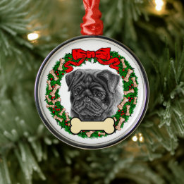 Metal Ornamento de Pug Preto - Personalizar com Nome ou 