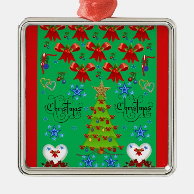 Metal ornamento prateado de Natal verde (Frente)